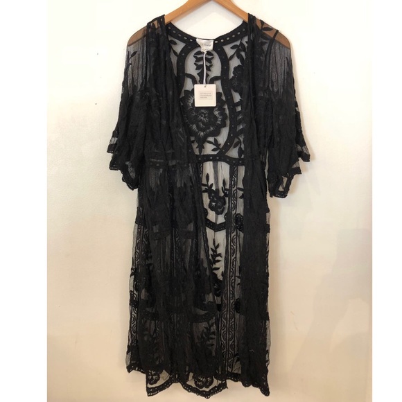 Love+Harmony Sweaters - Love+Harmony Black Embroidered Kimono Cardigan